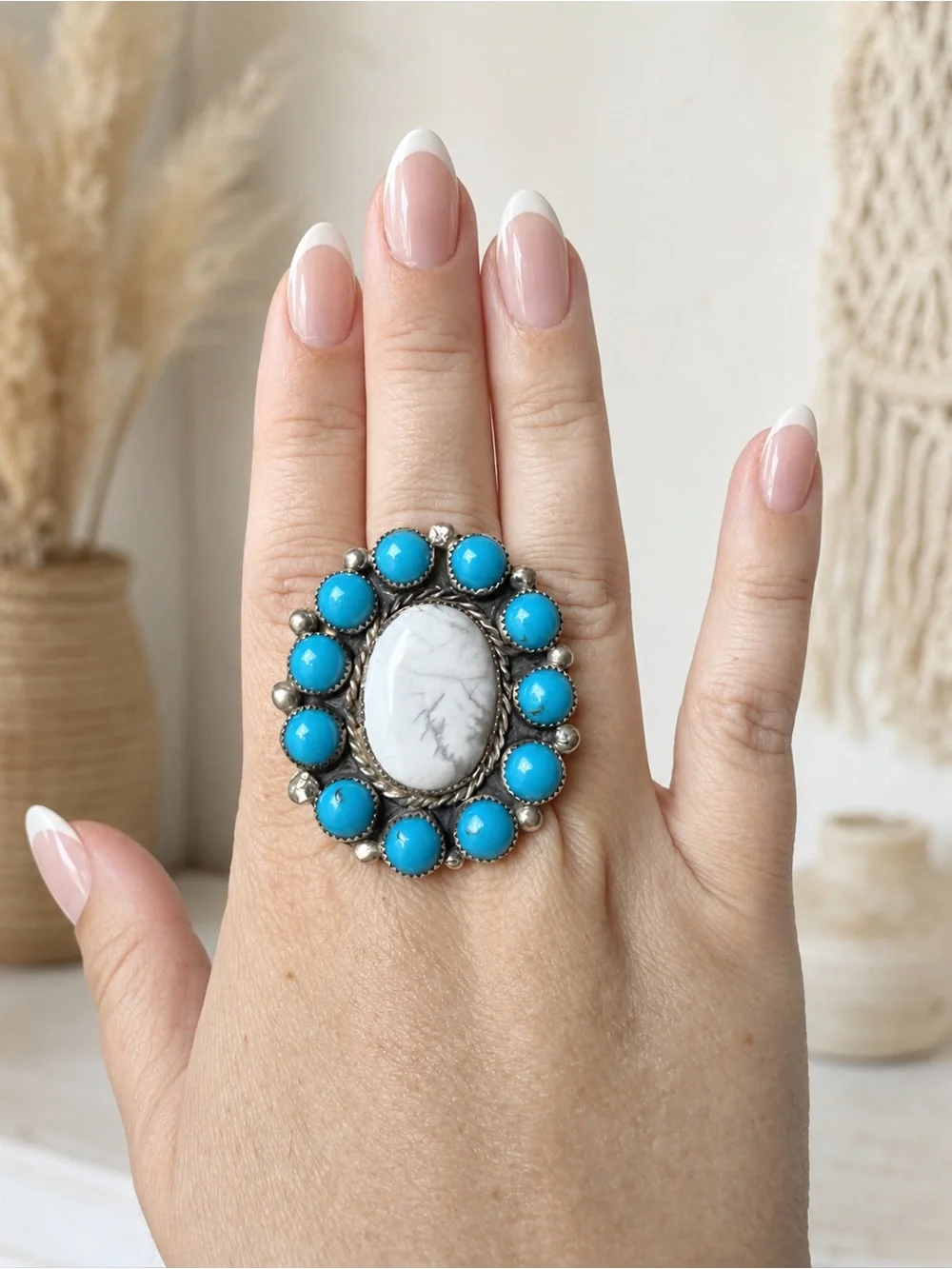 Adjustable Howlite & Turquoise Sterling Silver Ring 🤍🩵
